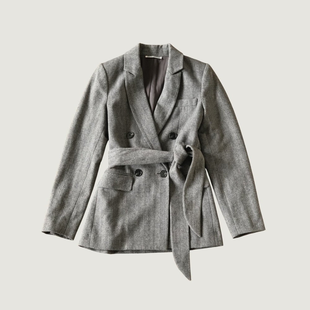 Reformation Blazer Double Breasted Belted Grey Herringbone Silk Wool Size XS